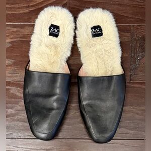 ZAC Zac Posen Black Leather and Faux Fur mules Sz 9